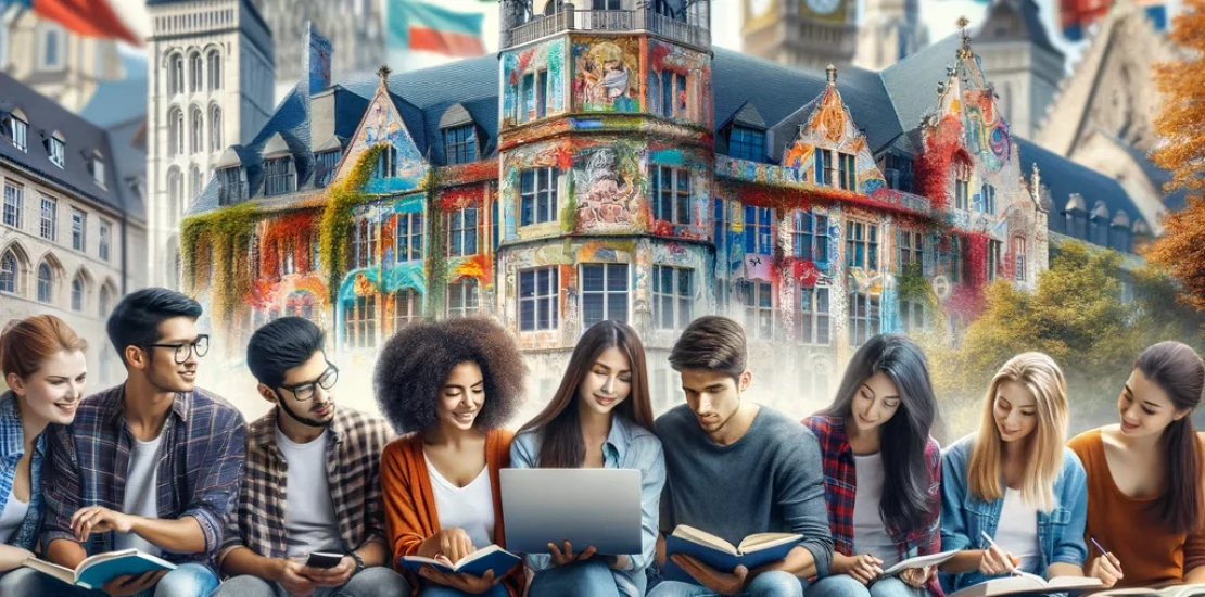 DALL·E 2024-06-10 14.46.41 - A diverse group of university students from different countries studying together on a picturesque campus. The background features iconic buildings fr