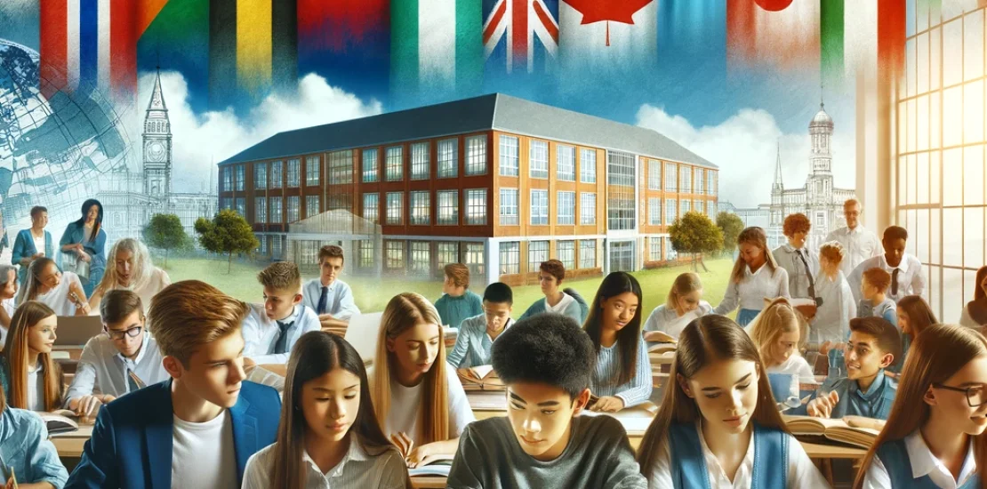 DALL·E 2024-06-10 14.58.04 - A group of high school students from diverse backgrounds studying together in an international school setting. The background features various interna