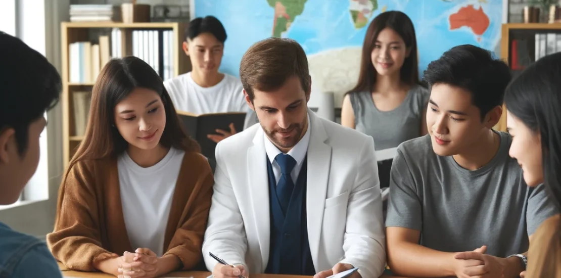 DALL·E 2024-06-10 15.00.59 - A group of students consulting with an educational advisor in a modern office setting. The background features maps, books, and brochures of various c